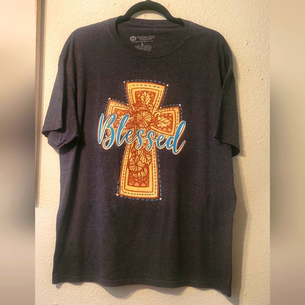 Leather print Cross, Blesses turquoise lettering.